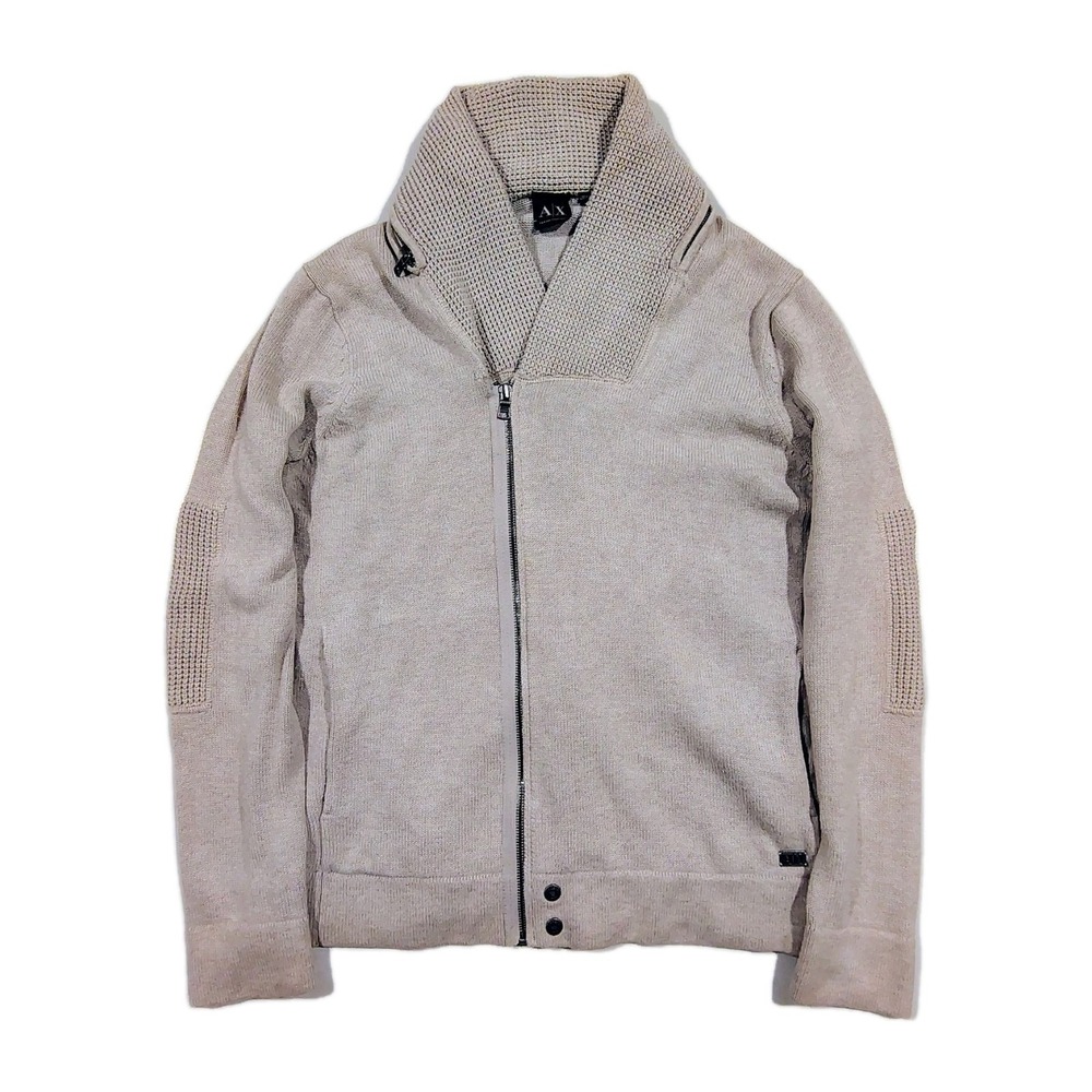Armani Exchange Cardigan Mens Sweater Full Zip Beige Cotton Slim Large Pockets L